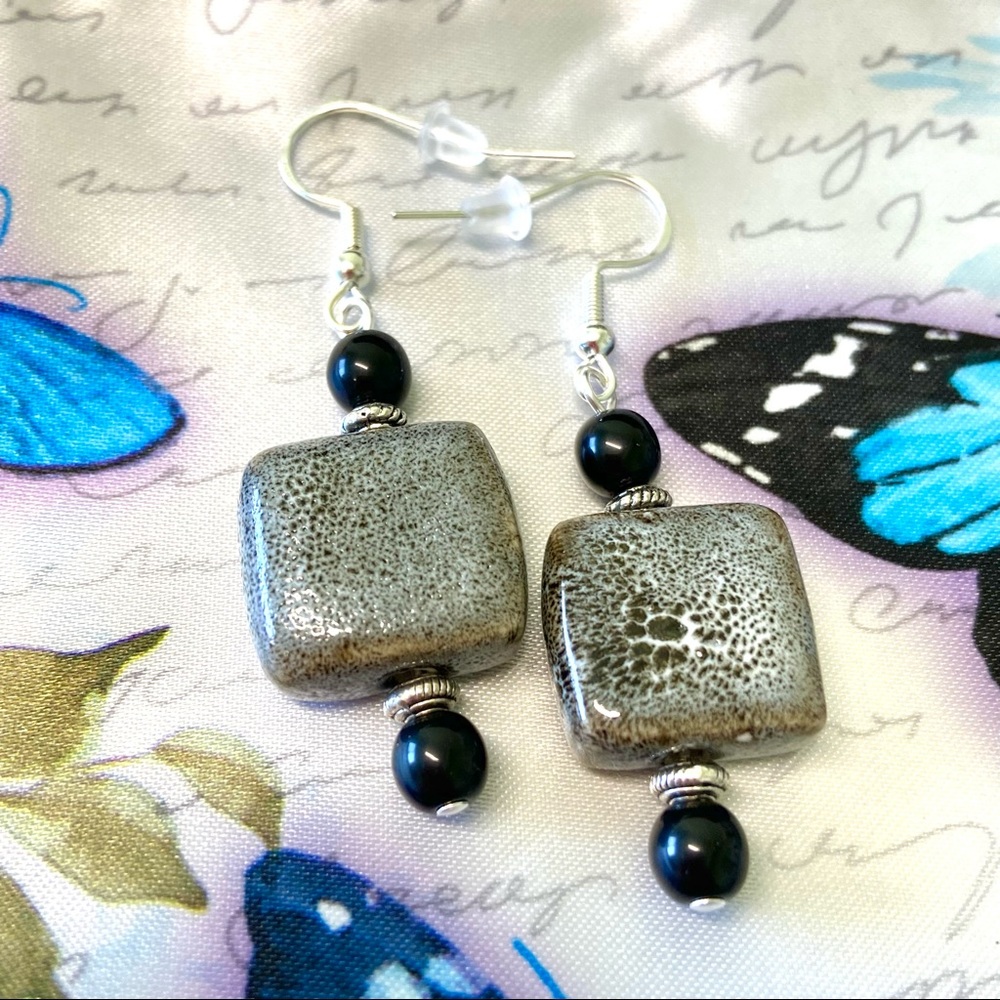 Earrings-Ceramic/Silver/Black Onyx -NEW